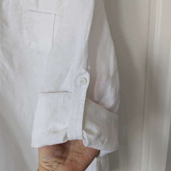 White Long-Sleeve V-neck Linen Tunic Size XL Roll Up Sleeves - Picture 3 of 7